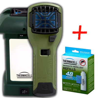 я НАБОР: отпугиватель комаров ThermaCELL (оливков.) MR 300G, лампа Outdoor и запаска на 48 ч)