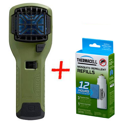 Набор: отпугиватель комаров ThermaCELL (оливковый) MR-300 Repeller Olive + запаска на 12ч