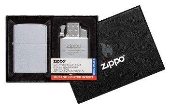 Подарочный набор Zippo 205-090201 зажигалка 205 Satin Chrom и газовый вставной блок с двойн пламенем