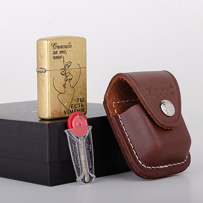 Набор Зажигалка Zippo 48267 Street Brass с гравировкой Спасибо за + чехол LPCB + кремний 2406NG